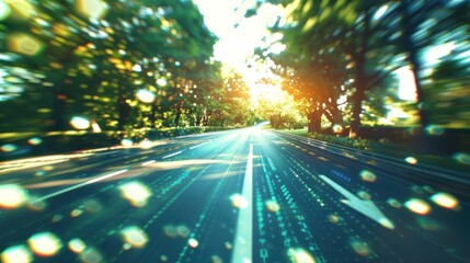 photograph of Digital data flow on road in concept of cyber global communication and coding with graphic creating vision of fast speed transfer telephoto lens summer daylight cool color