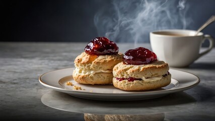 A plate of freshly baked scones topped with jam, accompanied by a steaming cup of tea.