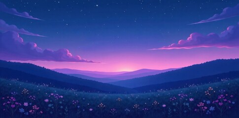 Fototapeta premium Serene Twilight Landscape Featuring a Field of Wildflowers and Rolling Hills Under a Starry Sky