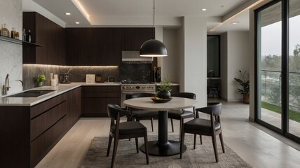 Fototapeta premium Modern Kitchen Dining Area: Dark Wood, Marble, and Natural Light