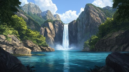 Majestic Waterfall Cascading into Serene Lake Surrounded by Lush Greenery and Rugged Cliffs