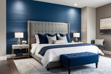 Modern Master Bedroom Design With Blue Headboard And Grey Textured Accent Wall