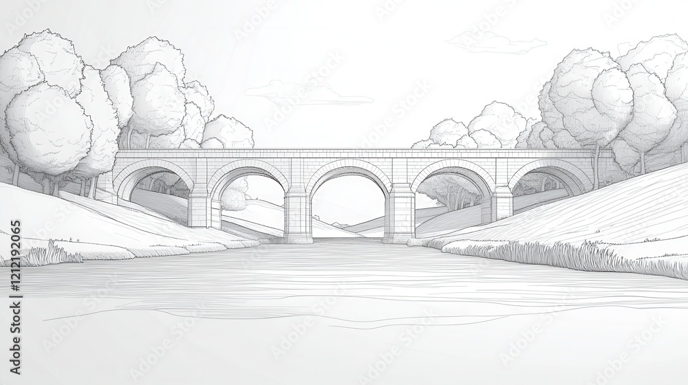 Poster arched bridge over river, elegant continuous line design, low poly style, harmonious blend of struct