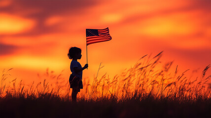 夕焼け空の中、アメリカ国旗を手にする子どもの後ろ姿