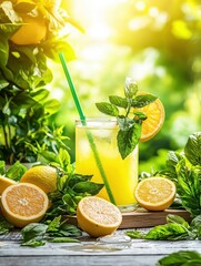 Fototapeta premium Refreshing Lemonade Preparation, Outdoor Garden, Beverage Photography, Bright Environment, Close-Up View, Summer Vibes