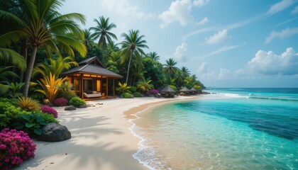 Fototapeta premium Sugar-white sands meet crystal-clear turquoise waters in a serene tropical setting. Lush palms sway gently as colorful flowers enhance the beauty of this hidden gem