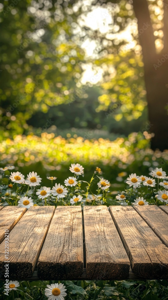Poster a rustic wooden table sits peacefully amidst a blooming meadow filled with cheerful daisies. sunligh