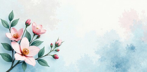 Delicate Pink Blossoms on a Soft Blue Watercolor Background, Ideal for Springtime Designs and Greeting Cards