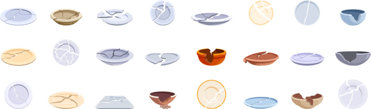 Broken plates icons set. Set of broken ceramic kitchenware featuring various cracks and chips, illustrating damage and fragility