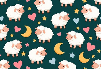 Seamless Sleep Pattern, Cute Cartoon Sheep, Stars, Moons, Hearts, Pink Gold, Blue-Green Background, Kid-Friendly Design, Repeating Baby Pattern, Peaceful Night Theme.

