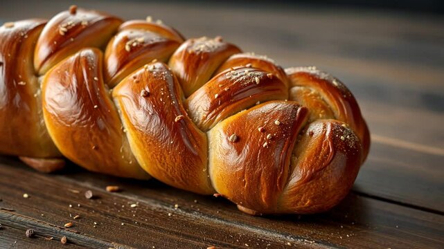 Freshly baked braided bread on wooden table