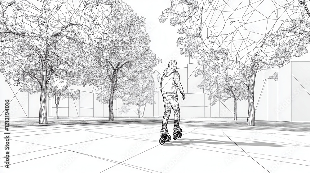 Poster continuous line art of a rollerblader gliding through a vibrant park setting, showcasing movement an