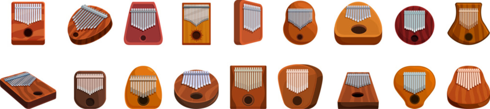 Kalimba icons set. Different shapes and colors of kalimba, a modern and traditional african musical instrument