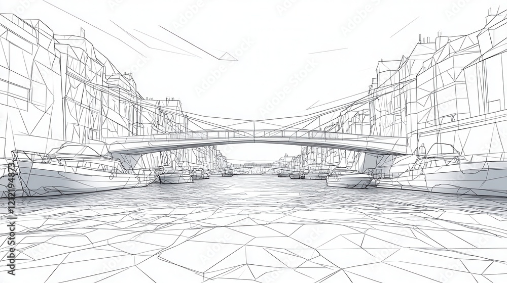 Poster continuous line drawing of a bridge over a river with boats below, featuring a low poly style, harmo