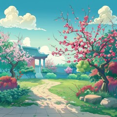 Fototapeta premium A stone path leads through a serene garden with blooming cherry trees, a traditional Chinese building, and a lush green lawn.