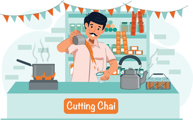 Cutting Chai Illustration Tea Stall Vendor Serving Hot Tea A charming scene of a vendor preparing and serving cutting chai at a street stall.