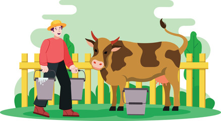 Farmer Carrying Milk Buckets World Milk Day Illustration Depicts a farmer walking with milk buckets, symbolizing dairy farming for World Milk Day.