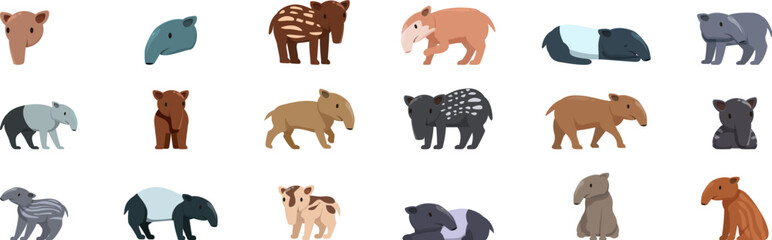Tapir icons set. Adorable tapirs showcasing various colors and engaging in different activities, creating a charming and diverse collection