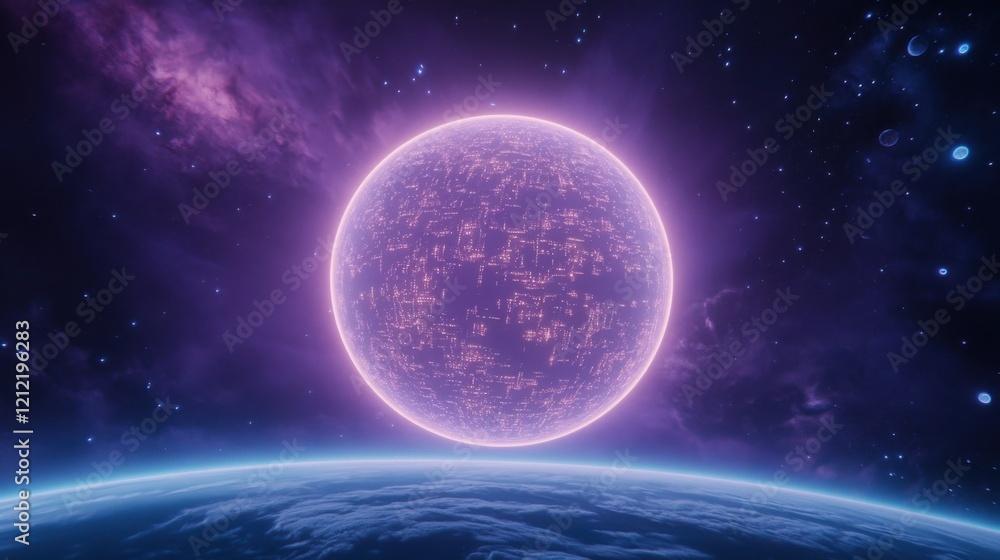 Poster a massive futuristic space station orbiting earth, with a stunning view of a planetary alignment in 