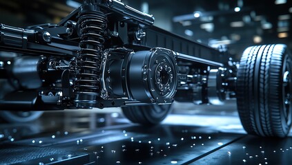 Fototapeta premium A close-up photo of the rear suspension on an electric truck, showcasing its intricate design
