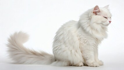 Obraz premium Fluffy white cat on a white background with a fluffy tail