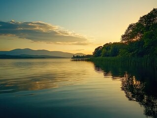 Obraz premium Serene sunset over calm lake, mountains in distance, perfect for travel or nature websites