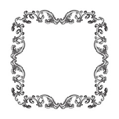 Antique baroque, rococo engraving frame. Hand drawing vintage frame scroll ornament. Ornate border floral retro pattern. Filigree frame, swirl design element. For decoration, print and design.
