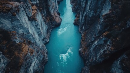 Naklejka premium A stunning aerial view of a vibrant turquoise river flowing through a deep canyon with rocky cliffs