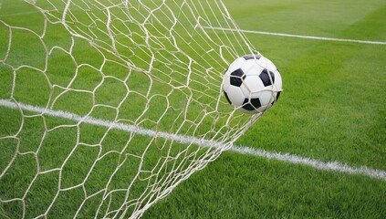 Goal!  A black and white soccer ball  ripples the back of the net, capturing the thrill and triumph of a game-winning goal.  