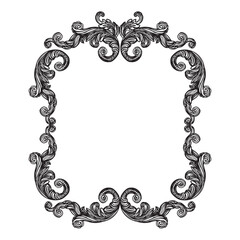Antique baroque, rococo engraving frame. Hand drawing vintage frame scroll ornament. Ornate border floral retro pattern. Filigree frame, swirl design element. For decoration, print and design.