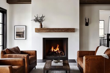A gas fireplace adds warmth to the minimalist decor.