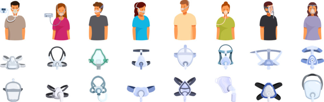 CPAP mask icons set. Different cpap masks and machines are shown, highlighting sleep apnea treatment and respiratory care for patients and healthcare providers