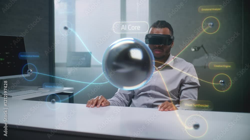 Fototapete african american specialist uses virtual reality headset to visualize augmented 3d holographic model