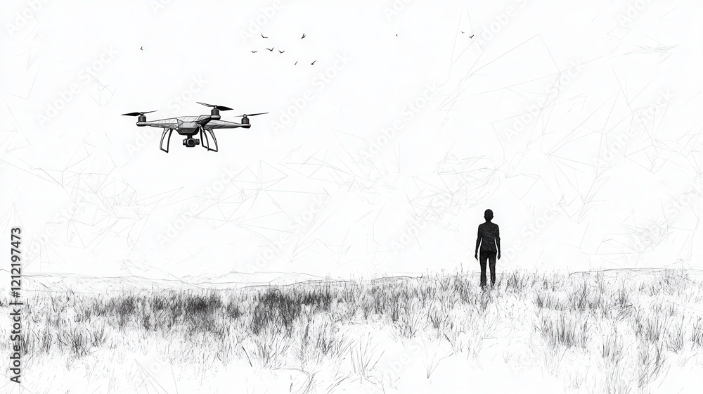 Poster continuous line art of an individual piloting a drone in a spacious field, low poly design, vibrant 