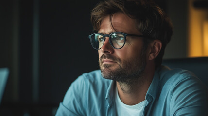 Obraz premium A handsome man with glasses and a beard sits in an office, looking at something outside the frame, in profile view. The background is dark, his facial features. Ai generated