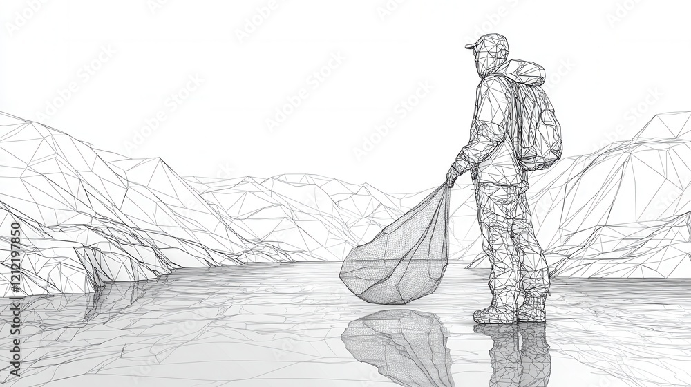 Poster continuous line drawing of an individual with a fishing net by a serene riverbank, showcasing simpli