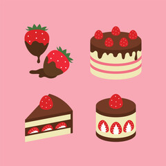 A set of illustrations of desserts and chocolate cakes with strawberry and chocolate combinations.