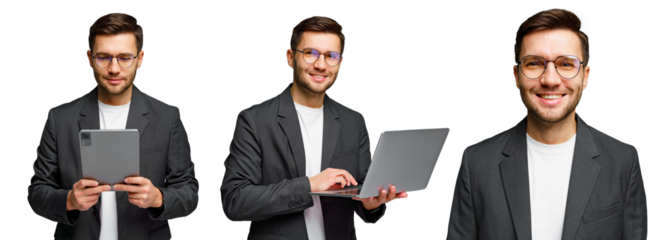 Young professional engaged with digital devices while smiling, showcasing versatility in work