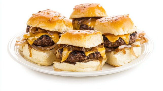 A plate of gourmet sliders with mini beef burgers, melted cheese, caramelized onions