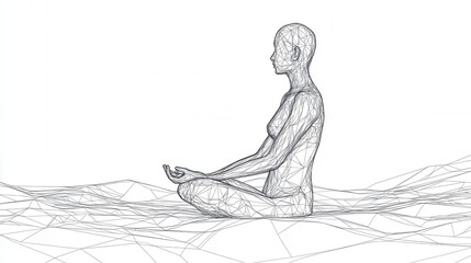 Obraz premium Meditative Serenity, a continuous line drawing of a person in a cross-legged position, embodying tranquility and focus in low poly style.