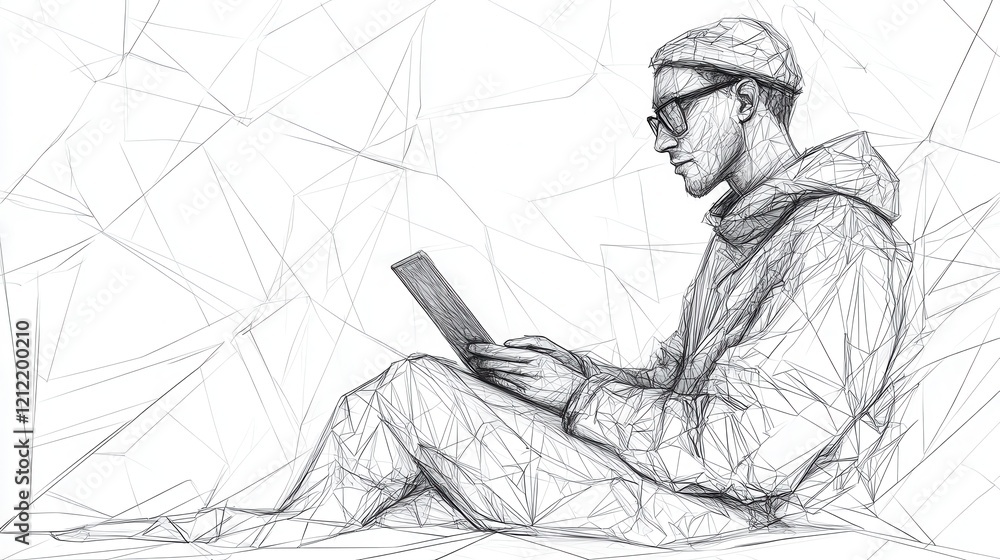 Poster continuous line drawing of an artist creating on a canvas, low poly style, vibrant colors, dynamic c