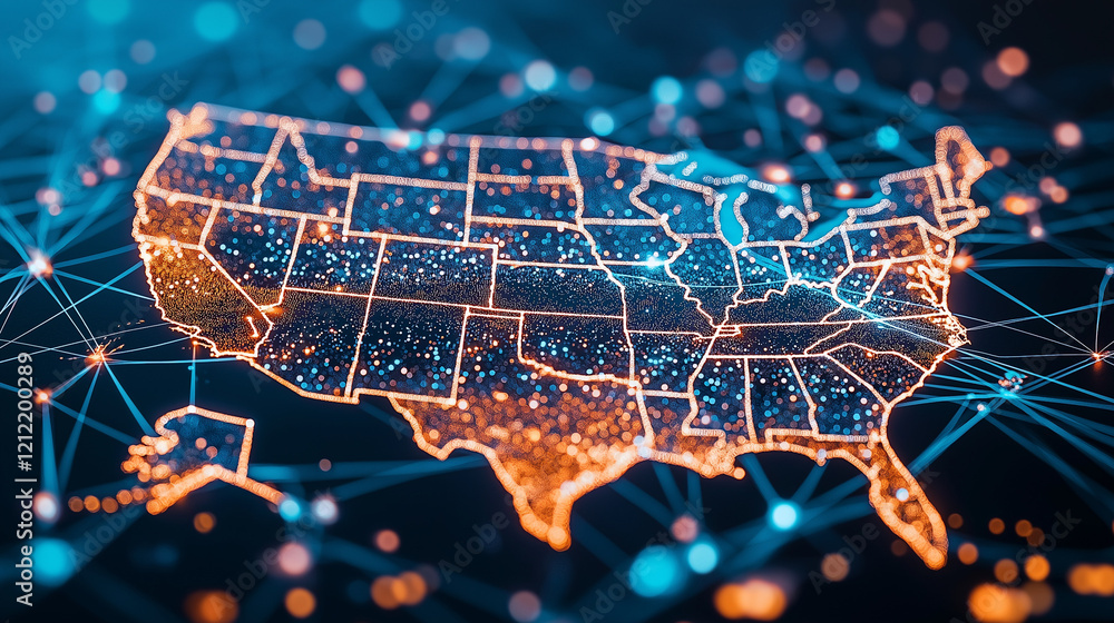 Poster united states network: a digital rendering of the united states map, intricately connected by glowin