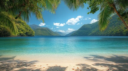 Fototapeta premium Serene tropical beach with clear turquoise water, surrounded by lush green mountains under a bright sky