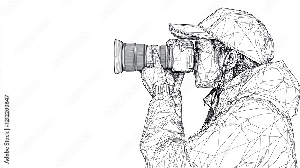 Poster continuous line art of an individual capturing a moment, abstract low poly design, minimalist expres