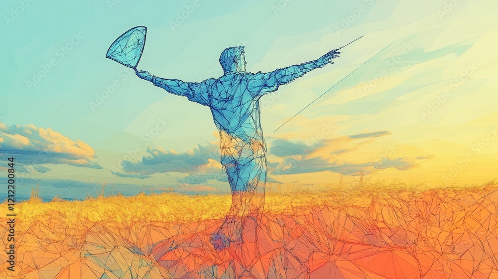 Poster continuous line drawing of a person throwing a boomerang in an open field, minimalist design, dynami
