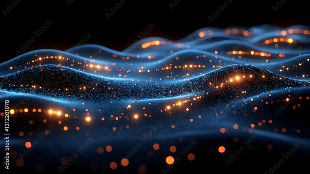 Poster abstract glowing particle waves: dynamic blue and orange digital background