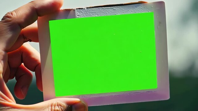 Polaroid photo with a green chroma key screen held in hand, perfect for creative projects and video editing