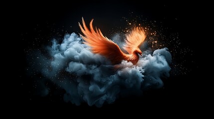 Fiery phoenix rising from smoke clouds, dark background, fantasy art, ideal for game design