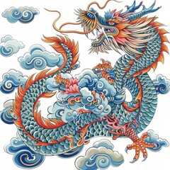 Fototapeta premium A vibrant blue and red Chinese dragon with sharp claws and a ferocious expression soars through swirling clouds.