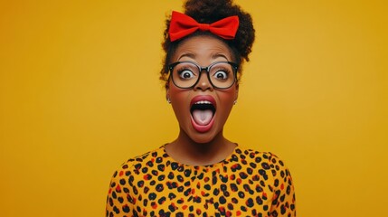 Obraz premium Surprised woman reacting to joyful news in a vibrant and cheerful background, on solid white background, single object